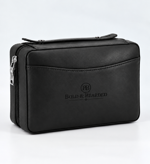 Black — Bold & Bearded cigar travel case, closed, with embossed branding and carry handle (AI-edited visualisation)