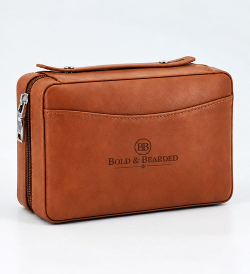 Brown — Bold & Bearded cigar travel case, closed, with embossed branding and carry handle