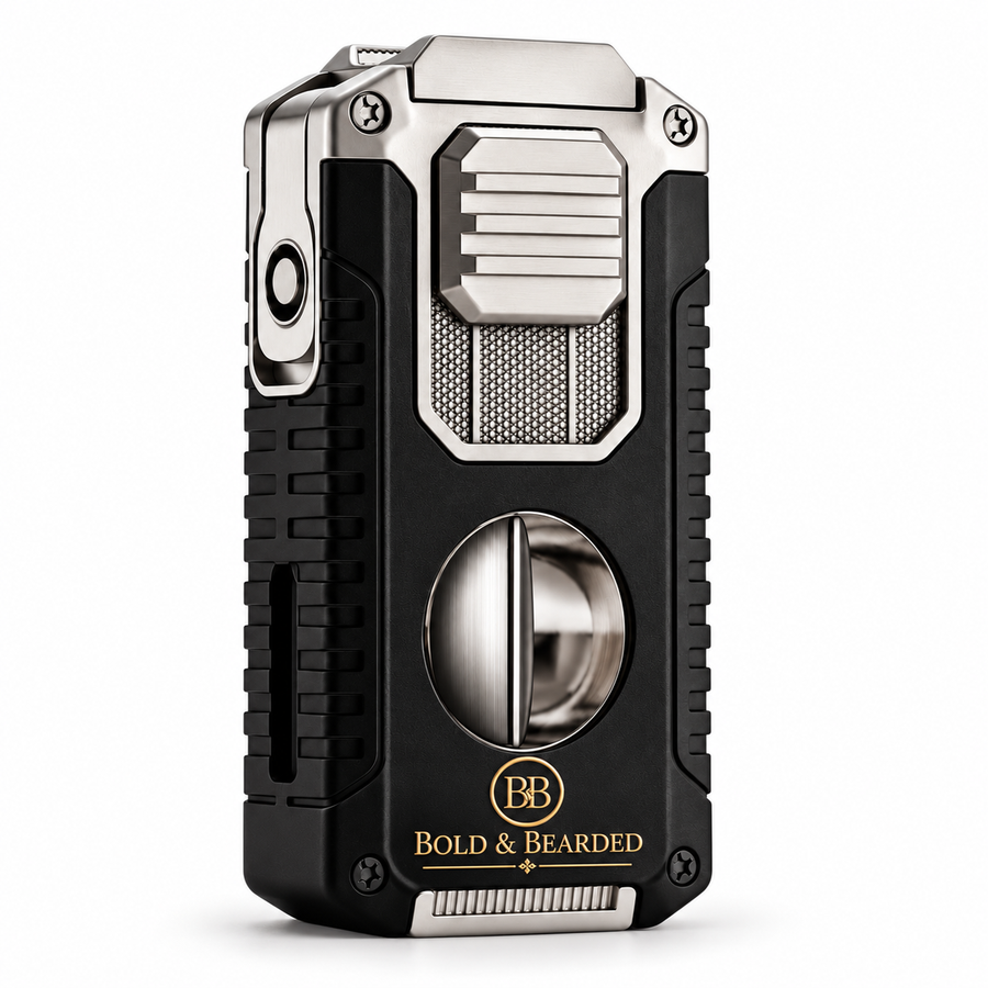 Black / Silver — Bold & Bearded cigar lighter with gold branding, studio front view (AI-edited product visualisation)